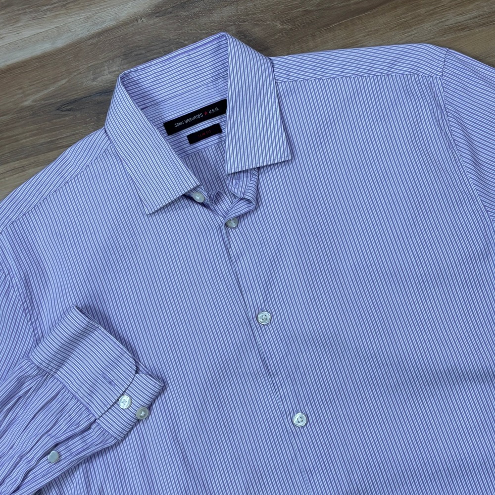 John Varvatos USA Button Up Men 15.5 32/33 Slim Cotton Purple Stripe Heritage